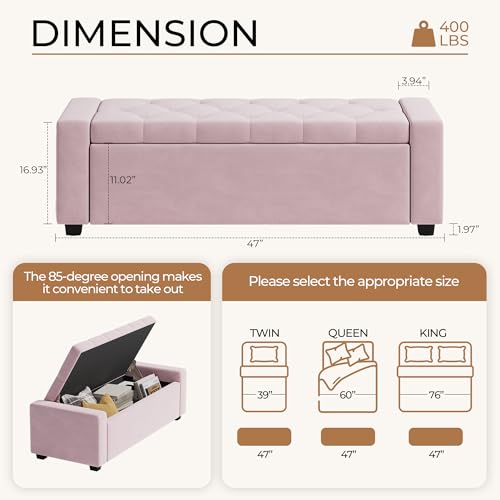 Storage Ottoman Bench,Large Entryway Ottoman with Storage, Rectangular Bench with Cushion and Safety Hinge for Living Room Bedroom - color: Pink
