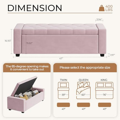Storage Ottoman Bench,Large Entryway Ottoman with Storage, Rectangular Bench with Cushion and Safety Hinge for Living Room Bedroom - color: Pink