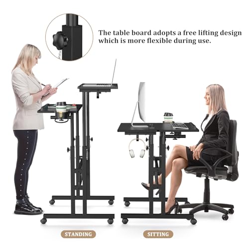 Enayplon Small Standing Desk with Wheels, Mobile Stand Up Desk, Portable Standing Table on Wheels for Walking Pad, Rolling Computer Desk Adjustable Height, Tall Table - color: Black