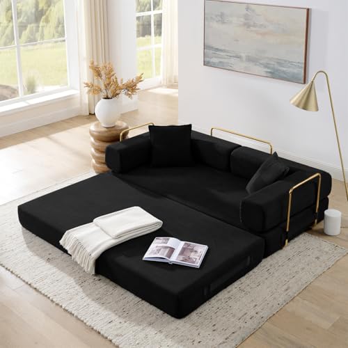 4-in-1 Folding Convertible Sofa Bed, 78 Inch Boneless Couch with Fixed-Shape Frame, Corduroy Loveseat Sleeper with Pull Out Bed, Floor Sofa Modular Futon Couch for Living Room Bedroom Lounge (Black) - color: Black