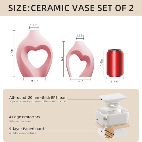 Ceramic Flower Vases Table Decor Heart Shaped Vase Set of 2 Pink | Nordic Heart Shaped Vases Minimalist Decorative Vase for Table Centerpiece Wedding Dining Living Room Office House Decoration - color: Pink