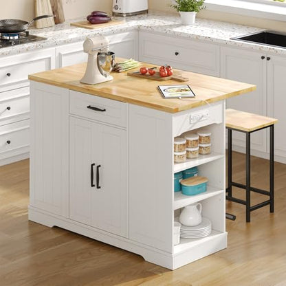 47" Kitchen Island with Seating, Stationary Island Table with Storage Include 2 Chairs, Kitchen Islands with Drop Leaf, Dining Table with Trash Cabinet & Power Outlet & Spice Rack, White - color: White