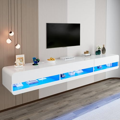 St.Mandyu Floating LED TV Stand for TVs Up to 100 inch, 94.5 inch Modern Entertainment Center with Led Lights & Power Outlet, Wall Mounted Hanging Media Console for Living Room, White - color: White