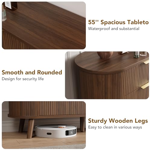 Decofy Fluted 6 Drawers Dresser, 55'' Wide Mid Century Modern Chest of Drawers with Sliding Door & Metal Handles, Curved Profile & Sturdy Legs, Wood TV Stand for Bedroom, Living Room (Walnut)
