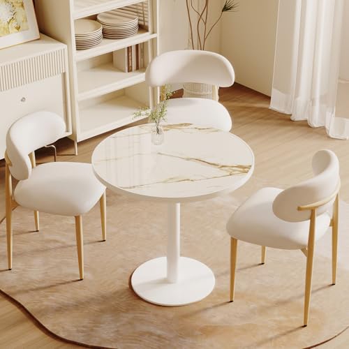 31.5'' Tulip Table, Round Dining Table with Sintered Stone Tabletop | White Aluminum Alloy Edge & Pedestal, Small Bistro Table for Dining Room/Café/Small Spaces/Restaurant (Calacatta Gold) - color: Calacatta Gold (White Edge), size: Round