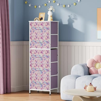 WLIVE Tall Dresser for Bedroom, 5 Drawer Dresser, Tie-Dye | 5 vertical fabric drawers, Tall vertical design, Bedroom or closet use, Dresser for small spaces, Chest of drawers - color: Tie-dye Purple Print