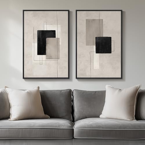 Framed Neutral Black Beige Abstract Wall Art Set of 2, Modern Minimalist Canvas Prints Paintings Artwork for Walls, Block Lines Pictures for Living Room Dining Room Bedroom Office Wall Decor 16x24 In - color: Minimalism, size: 16" W x 24" H x 2Pcs
