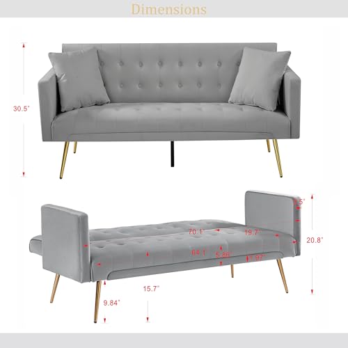 72''Modern Velvet Sofa Bed Futon,Convertible Folding Sleeper Couches with 3 Adjustable Backrests,Tufted Recliner Loveseat with Golden Chrome Legs for Living Room Apartment Office (Light Gray-new) - color: Light Gray-new
