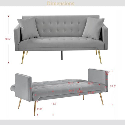 72''Modern Velvet Sofa Bed Futon,Convertible Folding Sleeper Couches with 3 Adjustable Backrests,Tufted Recliner Loveseat with Golden Chrome Legs for Living Room Apartment Office (Light Gray-new) - color: Light Gray-new