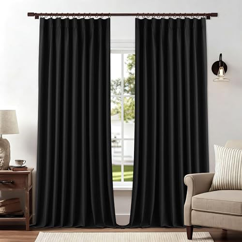 Black Pinch Pleated Curtains 96 Inches Long Linen Blend 100% Blackout Light Blocking Room Divider Drapes for Bedroom Extra Wide Thermal Insulated Curtains with Hooks 84" W x 96" L - color: Black, size: 84"W x 96"L (Pack of 1)
