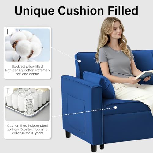3 in 1 Convertible Sleeper Sofa Bed, Velvet Loveseat Futon Pull-Out Couch with Adjustable Reclining Backrest, Side Pockets and Pillows for Living Room, Bedroom, Apartment, Small Spaces (Blue-Velvet) - color: Blue-velvet