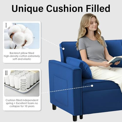 3 in 1 Convertible Sleeper Sofa Bed, Velvet Loveseat Futon Pull-Out Couch with Adjustable Reclining Backrest, Side Pockets and Pillows for Living Room, Bedroom, Apartment, Small Spaces (Blue-Velvet) - color: Blue-velvet