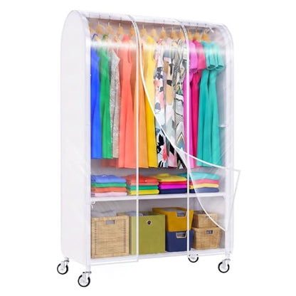 Univivi Heavy Duty Clothing Rack with Dust Cover and Bottom Storage Shelf | 360° Rotation Wheels, Tool-Free Quick Assembly, 2 Durable Zippers, Portable Closet Rack with Cover for Hanging Clothes - color: White Rack with White Cover