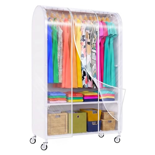 Univivi Heavy Duty Clothing Rack with Dust Cover and Bottom Storage Shelf | 360° Rotation Wheels, Tool-Free Quick Assembly, 2 Durable Zippers, Portable Closet Rack with Cover for Hanging Clothes - color: White Rack with White Cover