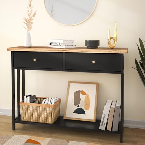 42" Solid Wood Console Table with 2 Fabric Drawers, Entryway Table with Storage Shelves, Sofa Table for Entryway, Hallway, Living Room, Kitchen or Behind Couch in Foyer, Black - color: Black