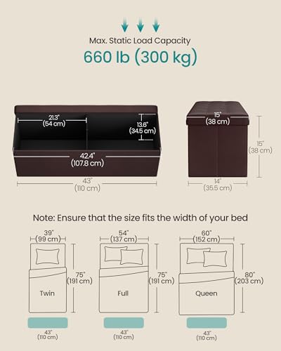 SONGMICS MAZIE Collection - 43 Inches Folding Storage Ottoman Bench, Ottoman with Storage, Foot Rest Stool, Load 660 lb, for Living Room, Synthetic Leather, Brown ULSF703 - color: Brown, size: 15"D x 43"W x 15"H