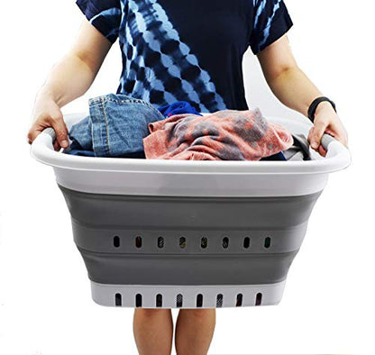 SAMMART 37L (9.77 gallon) Collapsible Plastic Laundry Basket - Foldable Pop Up Storage Container/Organizer - Space Saving Hamper/Basket (1, White/Grey) - color: White/Grey