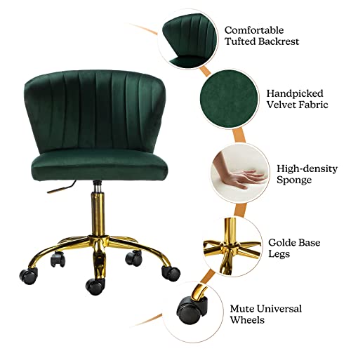 TINA'S HOME Office Desk Chairs with Wheels & Gold Base, Modern Velvet Cute Armless Office Chair, Adjustable Low Back Swivel Rolling Chair, Upholstered Task Chair for Living Room Vanity Study-Green | Modern Velvet Cute Armless Office Chair, Adjustable Low