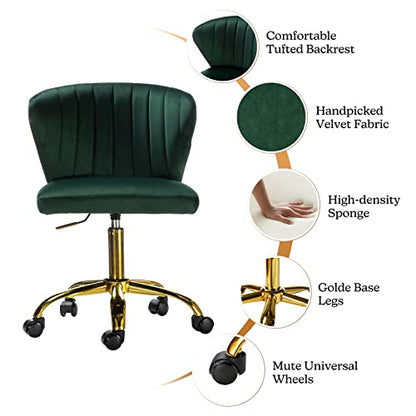 TINA'S HOME Office Desk Chairs with Wheels & Gold Base, Modern Velvet Cute Armless Office Chair, Adjustable Low Back Swivel Rolling Chair, Upholstered Task Chair for Living Room Vanity Study-Green | Modern Velvet Cute Armless Office Chair, Adjustable Low