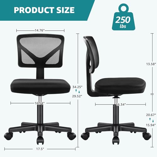 OLIXIS Armless Home Office Chair, Ergonomic Small Desk Chair | Mesh Back, Removable Washable Foam Cushion, Height Adjustable, Rolling Swivel Wheels, Small Space, Black - color: Black