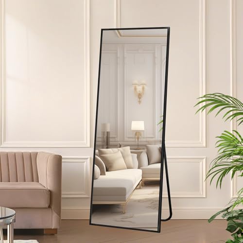 Full Length Floor Mirror 57"x17", Floor Standing with Aluminum Frame, Freestanding/Leaning/Wall Mount, Shatter-Resistant Glass for Bedroom, Living Room, Black | Aluminum Alloy Frame, Freestanding, Leaning, Wall Mount, Shatter-Resistant Glass, No Assembly