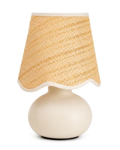 11" Small Mini Boho Table Lamp – Handmade Ceramic Cream Base with Scallop Woven Rattan Shade, Dimmable Plug-In Accent Light for Bedroom, Nightstand, Small Spaces, Kitchen Counter, Bookshelf - color: Airy Scallop Rattan Shade