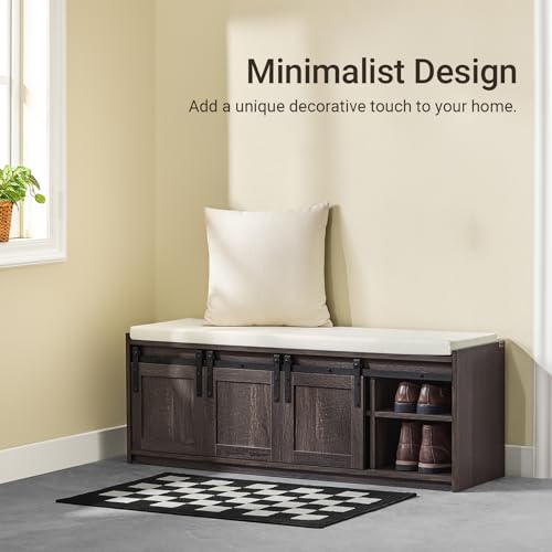 Haotian Entryway Shoe Storage Bench | Shoe Rack Bench with Sliding Barn Doors, Drawer & Padded Seat Cushion, Rustic Window Bench for Mudroom