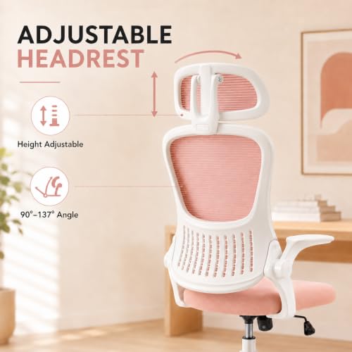 Pink Ergonomic Office Chair, High Back Mesh Desk Chair with Adjustable Headrest Lumbar Support, Computer Chairs with Flip-up Armrests and Thickened Cushion for Adults Home Office, 360° Swivel - color: Pink With Headrest