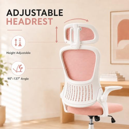 Pink Ergonomic Office Chair, High Back Mesh Desk Chair with Adjustable Headrest Lumbar Support, Computer Chairs with Flip-up Armrests and Thickened Cushion for Adults Home Office, 360° Swivel - color: Pink With Headrest