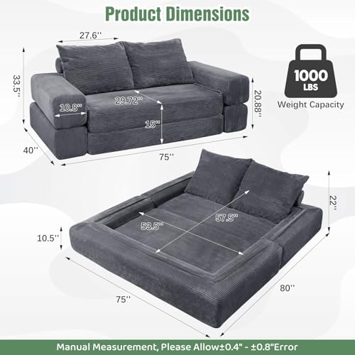 75" Convertible Sofa Bed, Fold Out Couch Bed Futon Sleeper Mattress with Pillows,3-in-1 Foldable Floor Couch Convertible Futon Sofa for Small Spaces - No Assembly Needed Dark Gray - color: Dark Gray