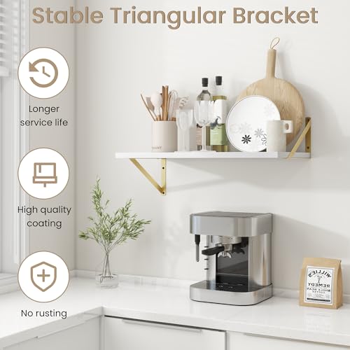 Dreamland Wall Mounted Floating Shelves Set of 2, 24x12, White&Gold | Engineered Wood, Visible Bracket, Large Storage, Hold Up to 50lbs, Living Room, Bathroom, Bedroom, Kitchen - color: White&gold, size: 24"W x 12"D