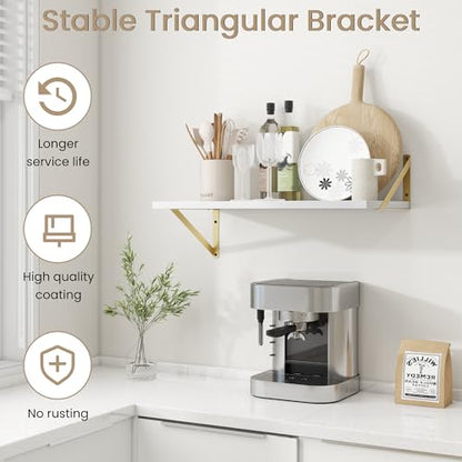 Dreamland Wall Mounted Floating Shelves Set of 2, 24x12, White&Gold | Engineered Wood, Visible Bracket, Large Storage, Hold Up to 50lbs, Living Room, Bathroom, Bedroom, Kitchen - color: White&gold, size: 24"W x 12"D