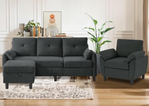 2 PCS Sectional Sofa Set, Convertible Sofa and Accent Chair, Small 3 Seat L Shaped Couch with Storage Ottoman and Side Pockets, Modern Couch for Living Room, Office, Apartment, Black - color: Black, size: Sofa+Chair