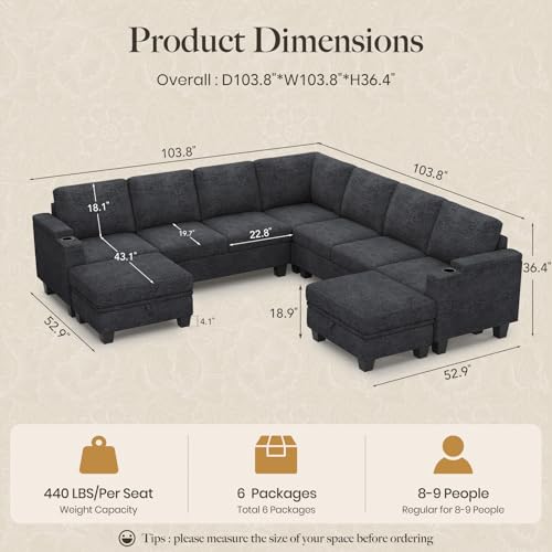 Belffin Modular Sectional Sofa Couch with Storage U Shape Convertible Corner Couches for Living Room Dark Grey Couch - color: Dark Grey, size: 8-seater sofa