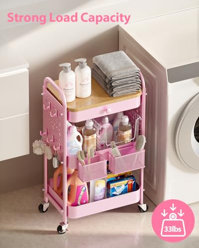 ALVOROG 3 Tier Metal Rolling Cart with Drawer,Wood Top,Pegboards,Pink | Storage Utility Cart with Drawers,Pegboards,Lockable Wheels,Baskets,Hooks for Kitchen,Office,Bedroom,DIY Supplies - color: Cherry Blossom Pink