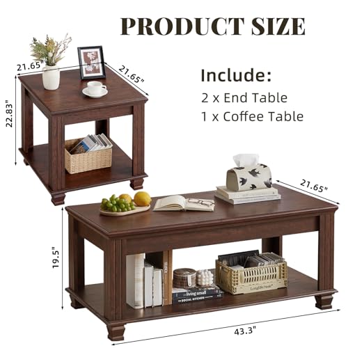 Farmhouse Coffee Table Set of 3, Walnut | Rustic Wood 3 Piece Coffee and End Table Sets with Open Shelf for Living Room - color: Walnut