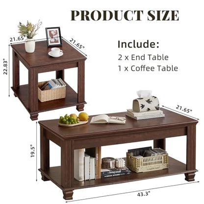 Farmhouse Coffee Table Set of 3, Walnut | Rustic Wood 3 Piece Coffee and End Table Sets with Open Shelf for Living Room - color: Walnut