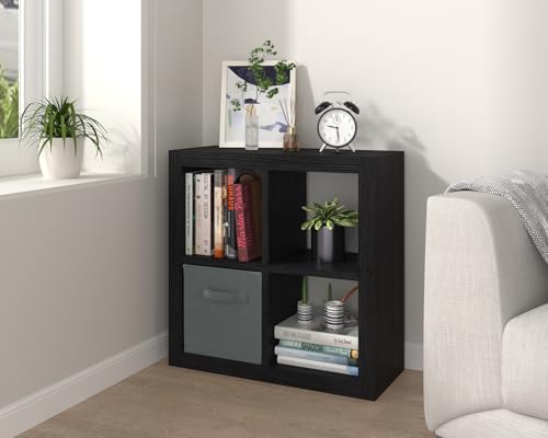 furtble Bookshelf with Storage Bin, 4-Cube Storage Organizer, Modern Wood Open Bookcase, Multifunctional Display Shelf for Living Room, Bedroom, Home Office, Black - color: Black, size: 4 cube