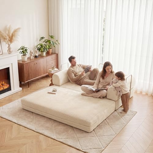 53.15" Boneless Couch,4-in-1 Futon Sofa Bed Modular Loveseat Sleeper Folding Compressed Couch with Pillows,No Assembly Required Convertible Sofa Bed for Living Room Bedroom Guest Room,Beige - color: Beige, size: 53.15" Loveseat Sofa