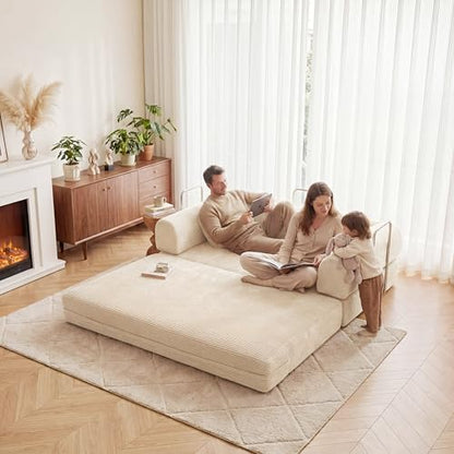 53.15" Boneless Couch,4-in-1 Futon Sofa Bed Modular Loveseat Sleeper Folding Compressed Couch with Pillows,No Assembly Required Convertible Sofa Bed for Living Room Bedroom Guest Room,Beige - color: Beige, size: 53.15" Loveseat Sofa