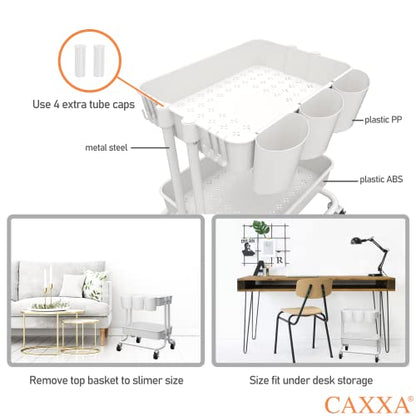 3-Tier Rolling Storage Organizer with 3 Small Baskets - Mobile Utility Cart with Caster Wheels (White)