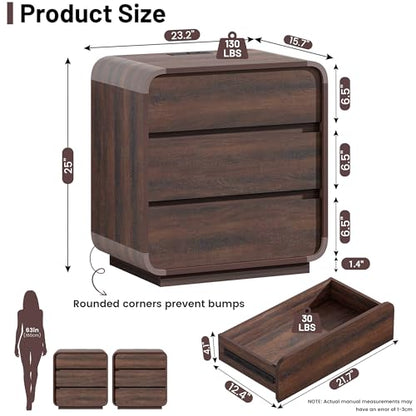 Standifurno Walnut 3 Drawers Nightstand, 25" Tall Wooden Bedside Table with Charging Station, Large Side Table Curved Profile, Handleless, Large End Table Night Stand for Bedroom, Office - color: Walnut, size: 3 Drawer(1PC)