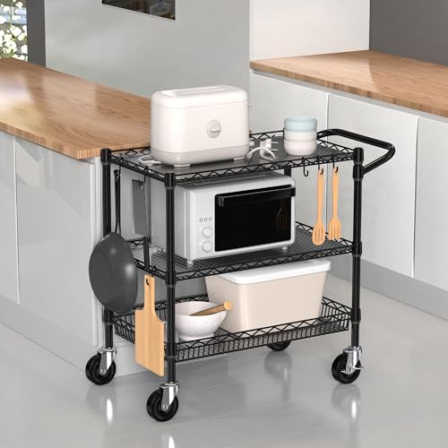 Folews Heavy Duty Rolling Cart with Wheels, 3 Tier Commercial Grade Utility Cart, Metal Storage Organizer Trolley with Handle Bar & Shelf Liner for Pantry, Laundry Room & Household Supplies, Black - style: Black