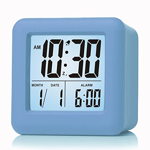 Plumeet Digital Alarm Clock Kids Clock with Snooze and White Nightlight - Easy Setting Travel Alarm Clocks Display Time, Date, Alarm - Ascending Sound - Battery Powered (Baby Blue) - color: Baby Blue