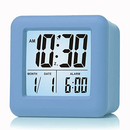 Plumeet Digital Alarm Clock Kids Clock with Snooze and White Nightlight - Easy Setting Travel Alarm Clocks Display Time, Date, Alarm - Ascending Sound - Battery Powered (Baby Blue) - color: Baby Blue