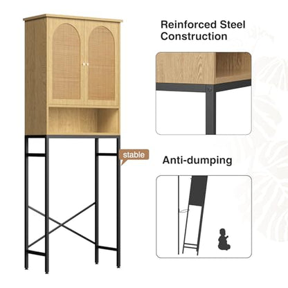 Rattan Toilet Storage Cabinet, Over the Rack Wood Cabinet with Metal Stand, Bathroom Organizer with Adjustable Shelf, Tall Freestanding Washer Shelf, Small Cupboard, Space Saver, Natural style - color: Rattan Door-natural
