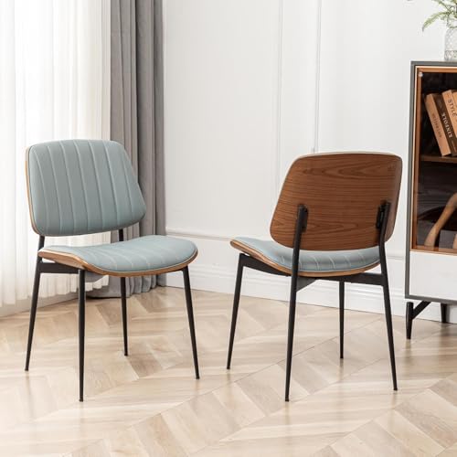 LUNLING Dining Room Chairs Mid Century Modern Retro Blue Faux Leather Chair with Walnut Bentwood Upholstered Seat Metal Legs Kitchen Chairs Adjustable Foot for Kitchen Dining Room,1PCS - color: Blue, size: 1PCS