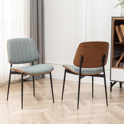 LUNLING Dining Room Chairs Mid Century Modern Retro Blue Faux Leather Chair with Walnut Bentwood Upholstered Seat Metal Legs Kitchen Chairs Adjustable Foot for Kitchen Dining Room,1PCS - color: Blue, size: 1PCS