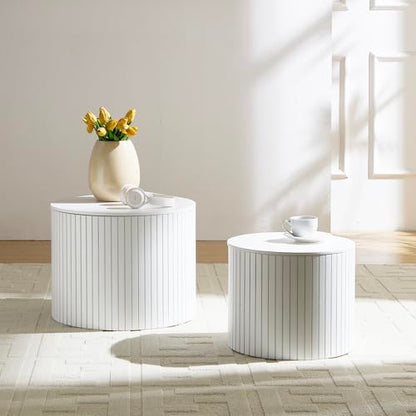 Round Nesting Coffee Table Set of 2, Wood Side Tables with Storage | Fluted Walnut Accent and End Tables Sets, Mid Century Modern, for Living room, bedroom, office, small spaces, White - color: 19.17" White With Storage