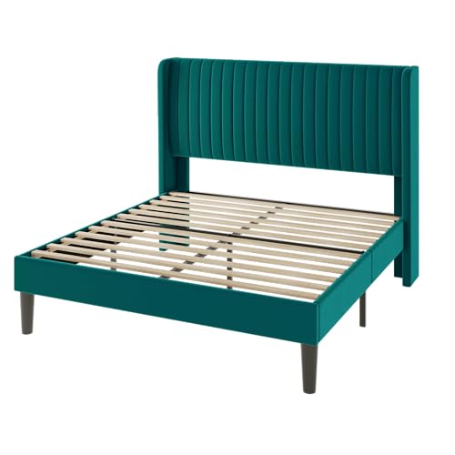 Allewie Queen Size Bed Frame/Velvet Upholstered Platform Bed/Vertical Channel Tufted Wingback Headboard/Strong Wooden Slats/No Box Spring Needed/Easy Assembly/Teal - color: Teal, size: Queen